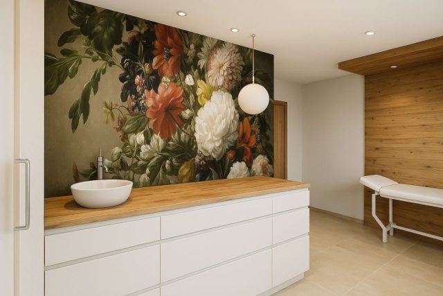 Visuel mural floral dans l’accueil d’un cabinet médical contemporain