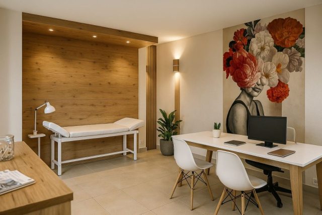Vue 3D de l’aménagement intérieur d’un cabinet médical aux matériaux naturels